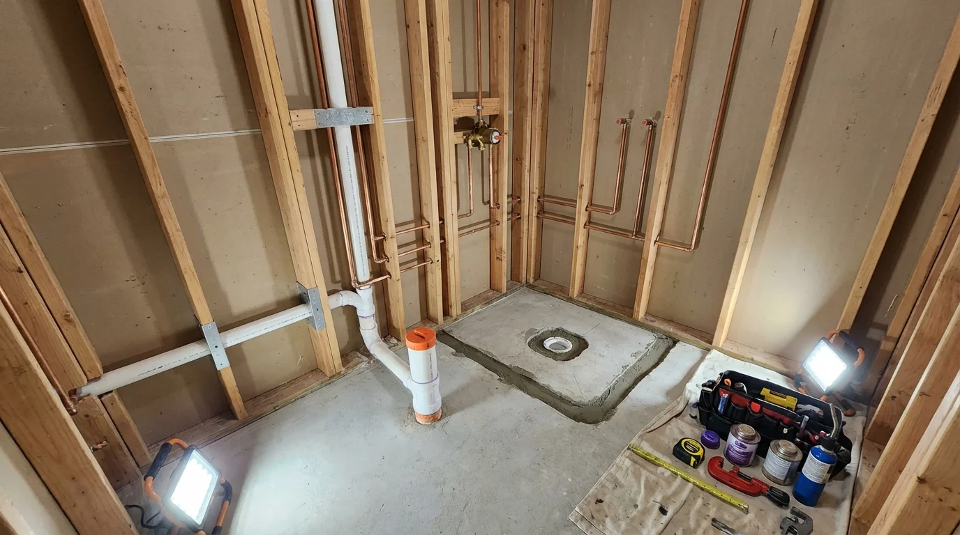 Bathroom rough-in plumbing during remodel by Johns Plumbing LLC in Hobart