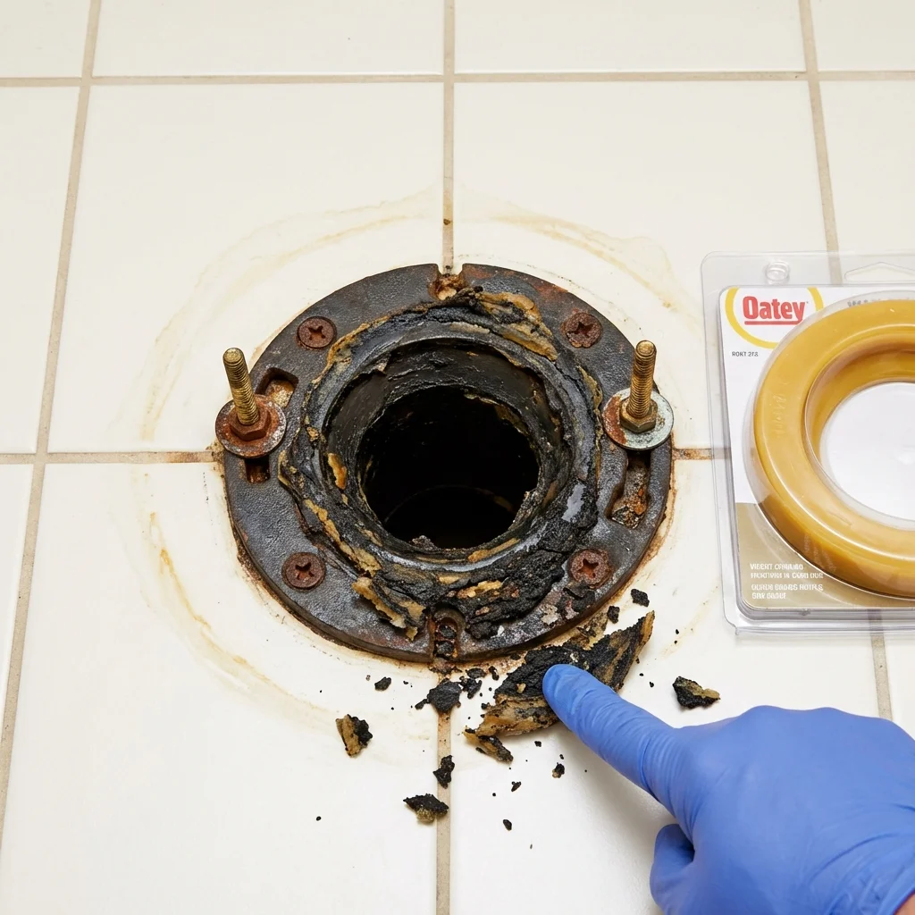 Failed wax ring showing water seepage at the base of a toilet in a Hobart, OK home