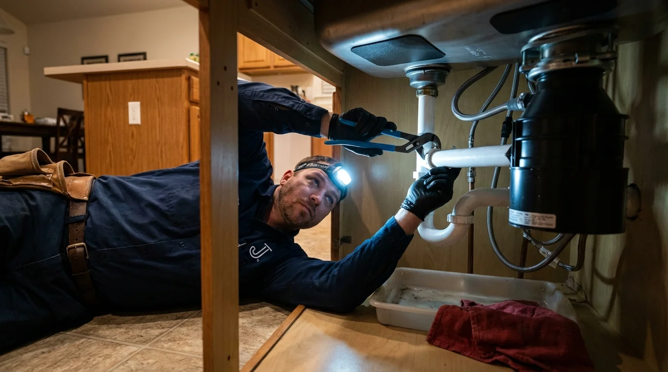 P-trap and supply line connections under a kitchen sink showing a common leak point in Hobart, OK